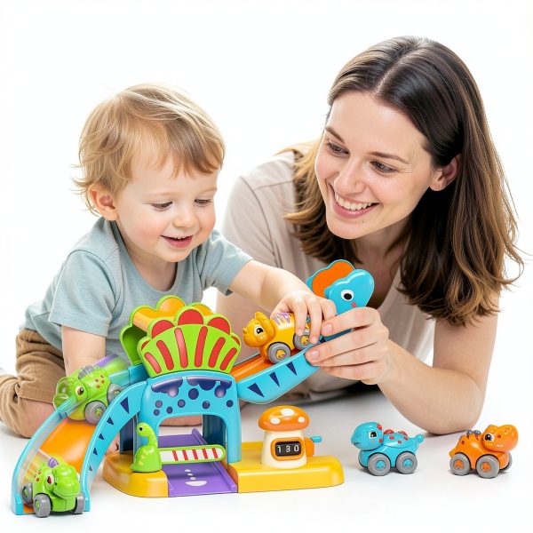 Shantoushi Dinosaur Push Pull Car Toy Set with 4‑Car Track for-5