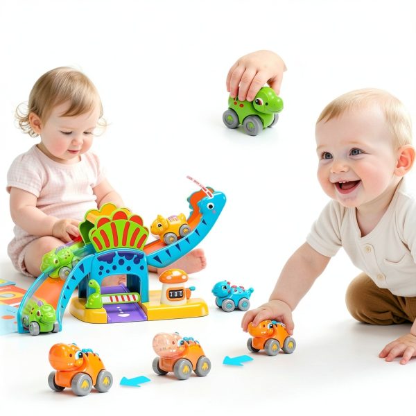 Shantoushi Dinosaur Push Pull Car Toy Set with 4‑Car Track for-6