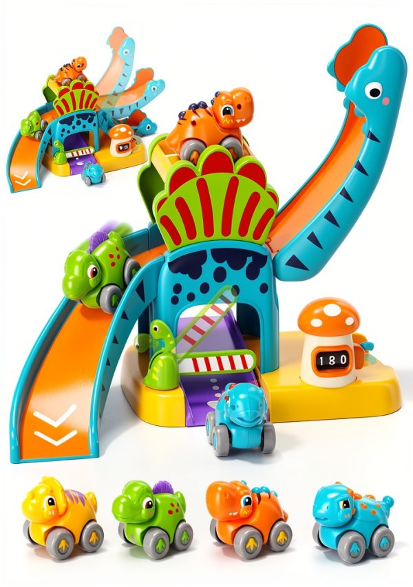 Shantoushi Dinosaur Push Pull Car Toy Set with 4‑Car Track for-0