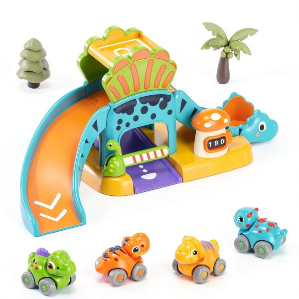 Shantoushi Dinosaur Push Pull Car Toy Set with 4‑Car Track for-2