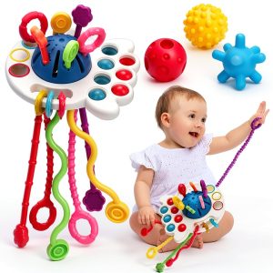 Thremhoo Montessori Octopus Pull String Toy with 3 Sensory Balls-0