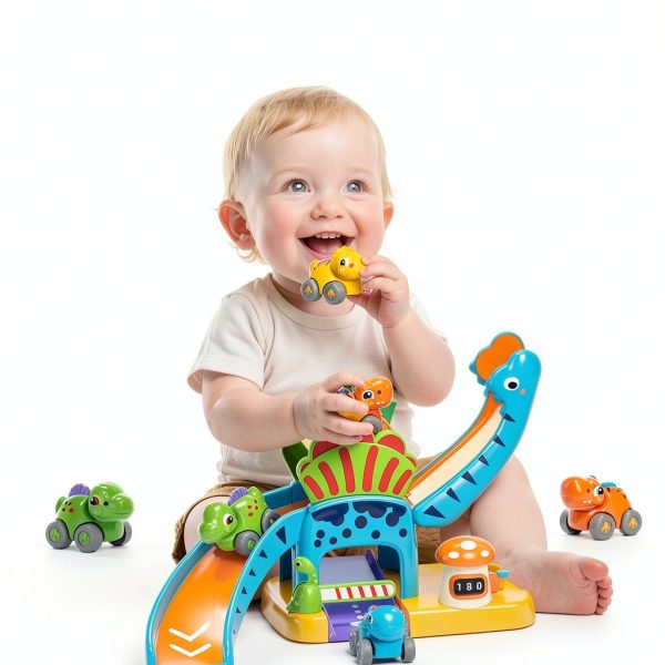 Shantoushi Dinosaur Push Pull Car Toy Set with 4‑Car Track for-4