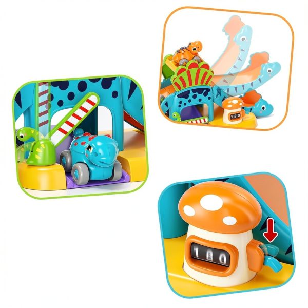 Shantoushi Dinosaur Push Pull Car Toy Set with 4‑Car Track for-3